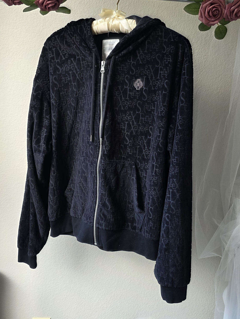 Savage Fenty Black Patterned Zip-Up Hoodie with Subtle Monogram